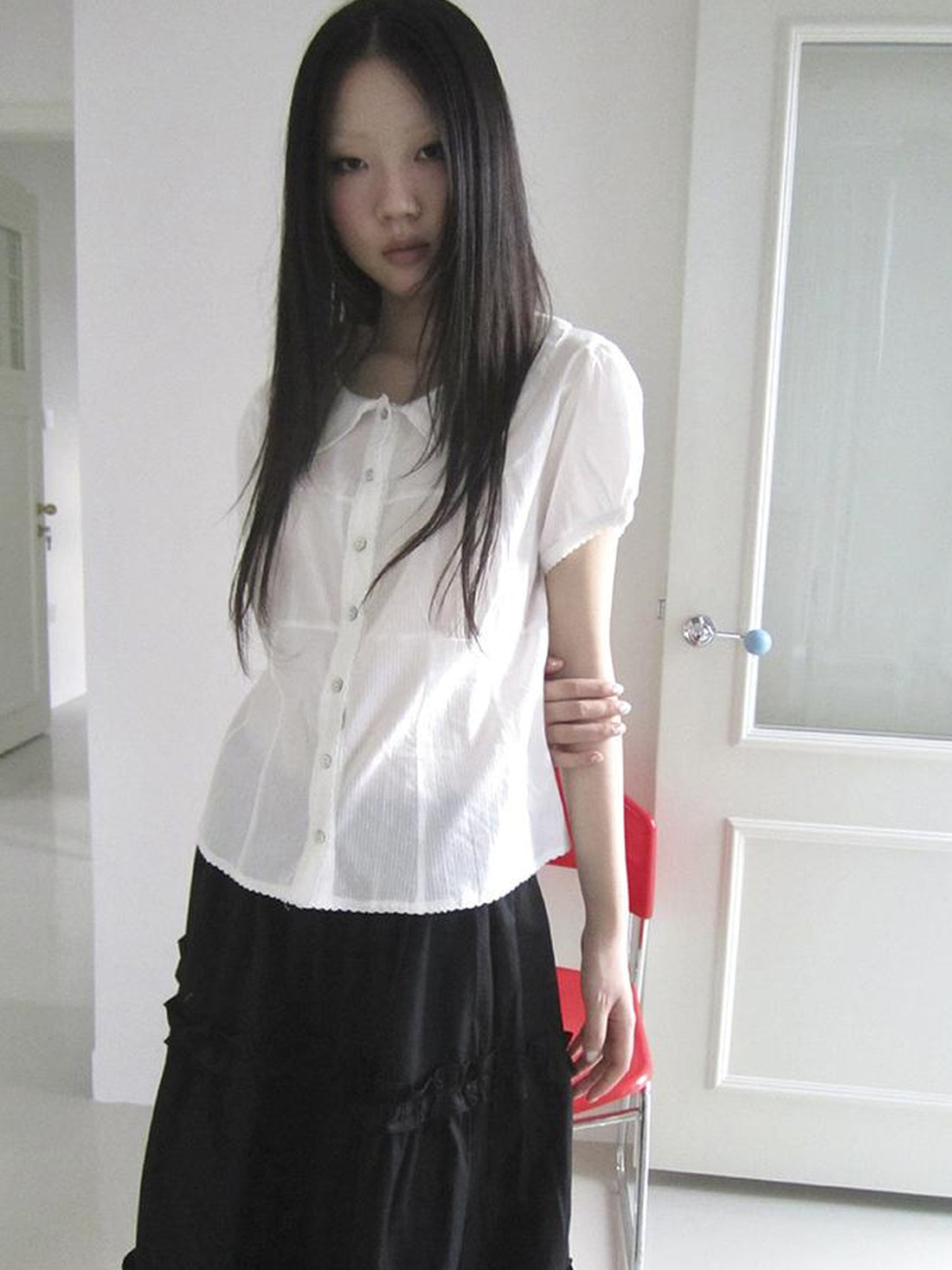 ang project Button Front Striped Shirt With Bow Tie And Fitted Waist