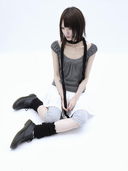ang project Button Patchwork Striped Square Neck Women&