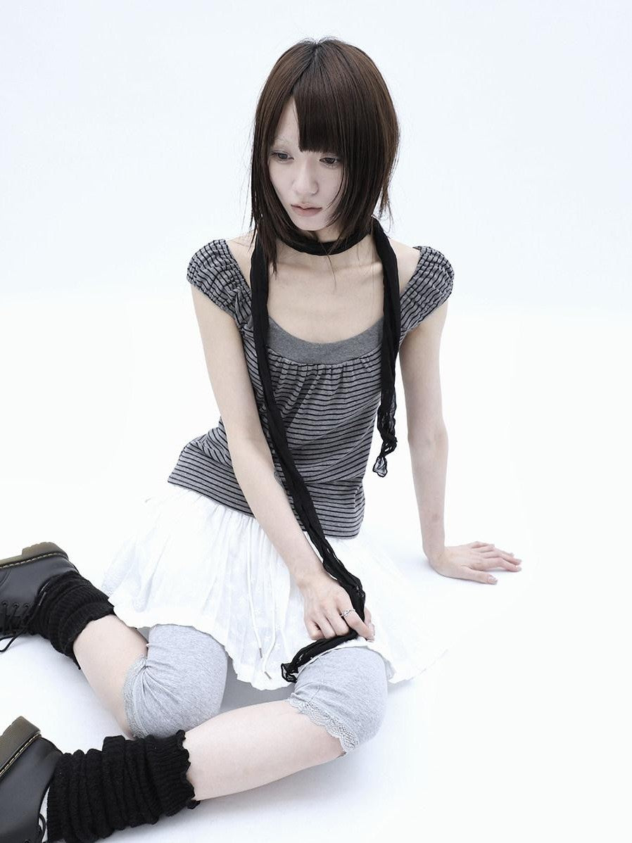 ang project Button Patchwork Striped Square Neck Women&