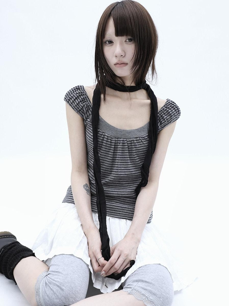 ang project Button Patchwork Striped Square Neck Women&