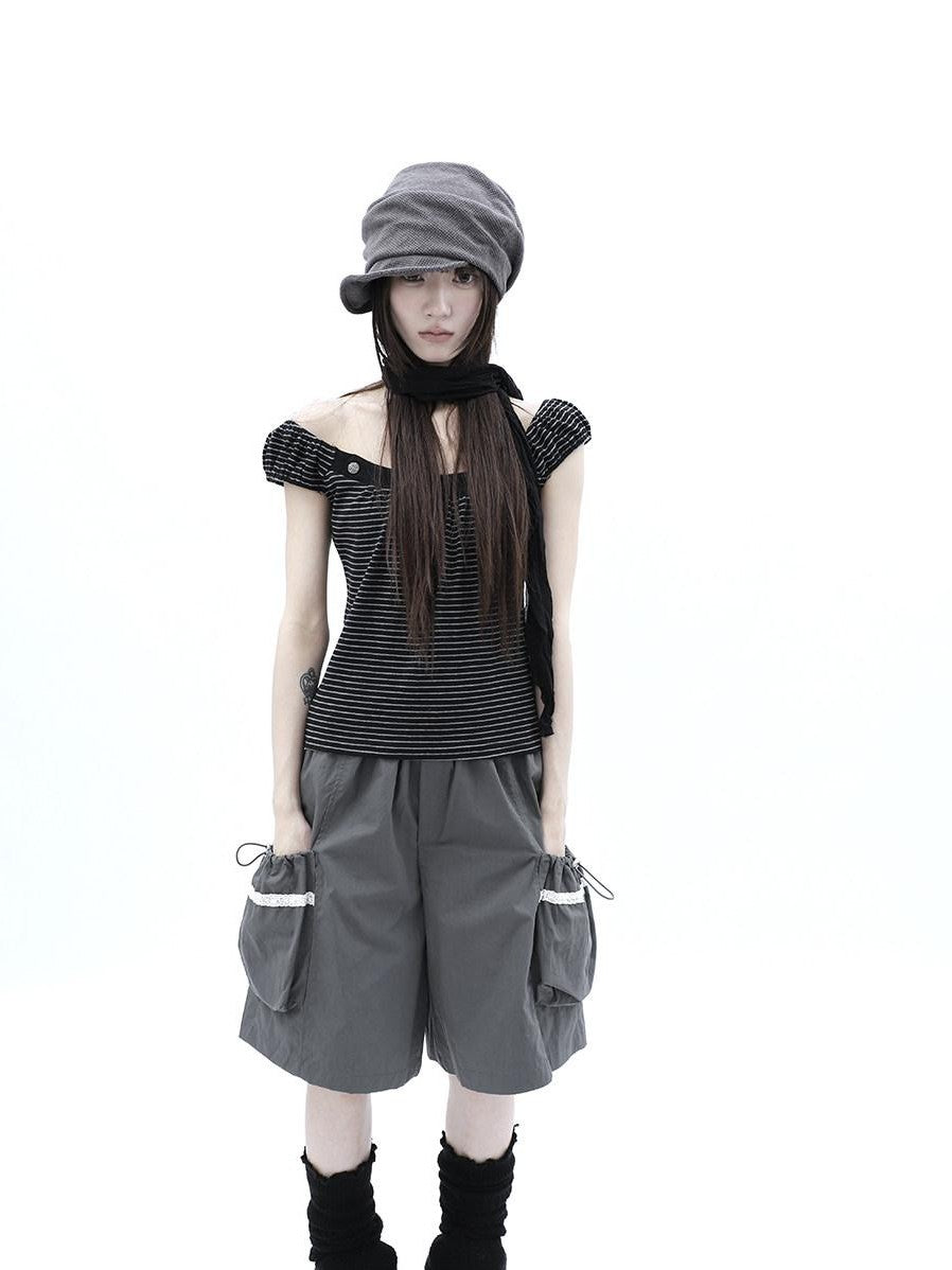 ang project Button Patchwork Striped Square Neck Women&