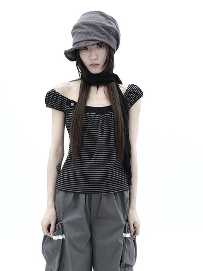 ang project Button Patchwork Striped Square Neck Women&