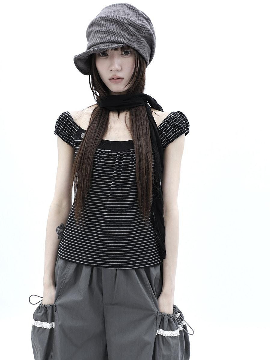 ang project Button Patchwork Striped Square Neck Women&
