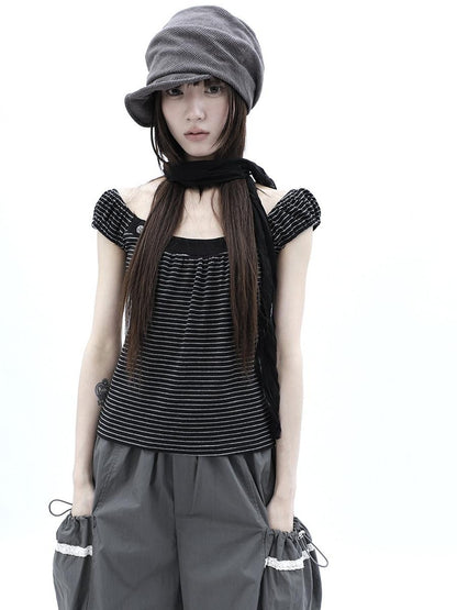 ang project Button Patchwork Striped Square Neck Women&