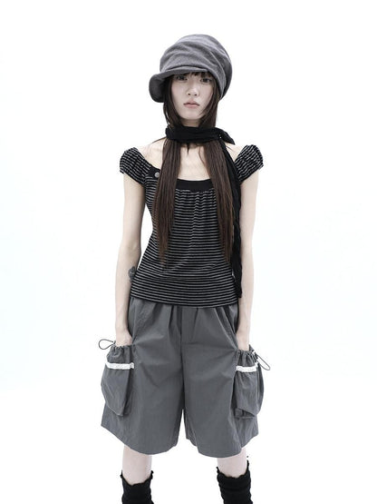 ang project Button Patchwork Striped Square Neck Women&