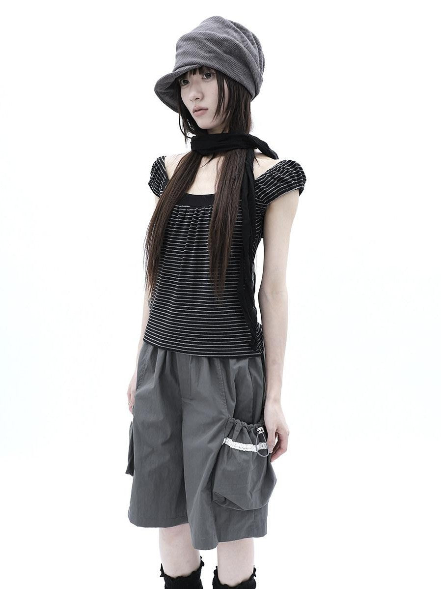 ang project Button Patchwork Striped Square Neck Women&