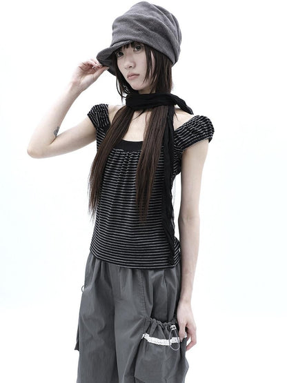 ang project Button Patchwork Striped Square Neck Women&