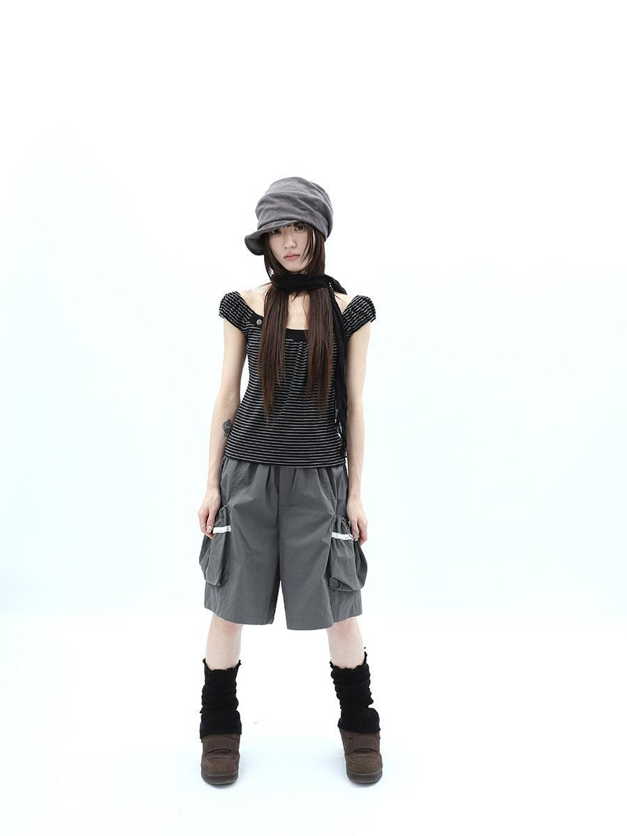 ang project Button Patchwork Striped Square Neck Women&