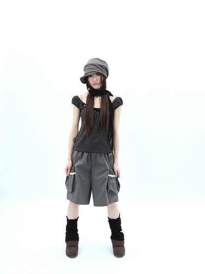 ang project Button Patchwork Striped Square Neck Women&