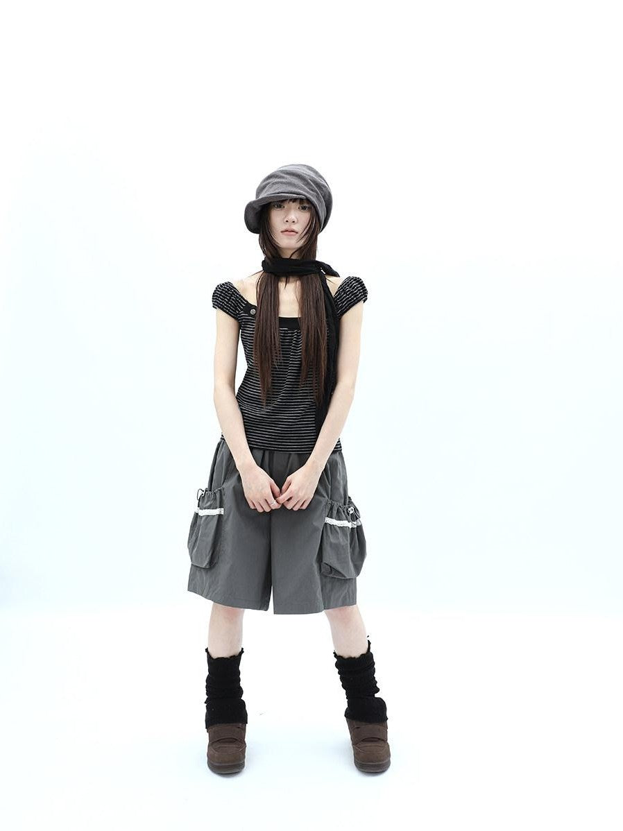 ang project Button Patchwork Striped Square Neck Women&
