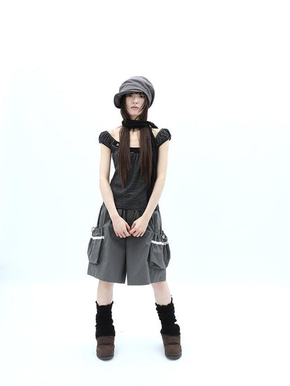 ang project Button Patchwork Striped Square Neck Women&