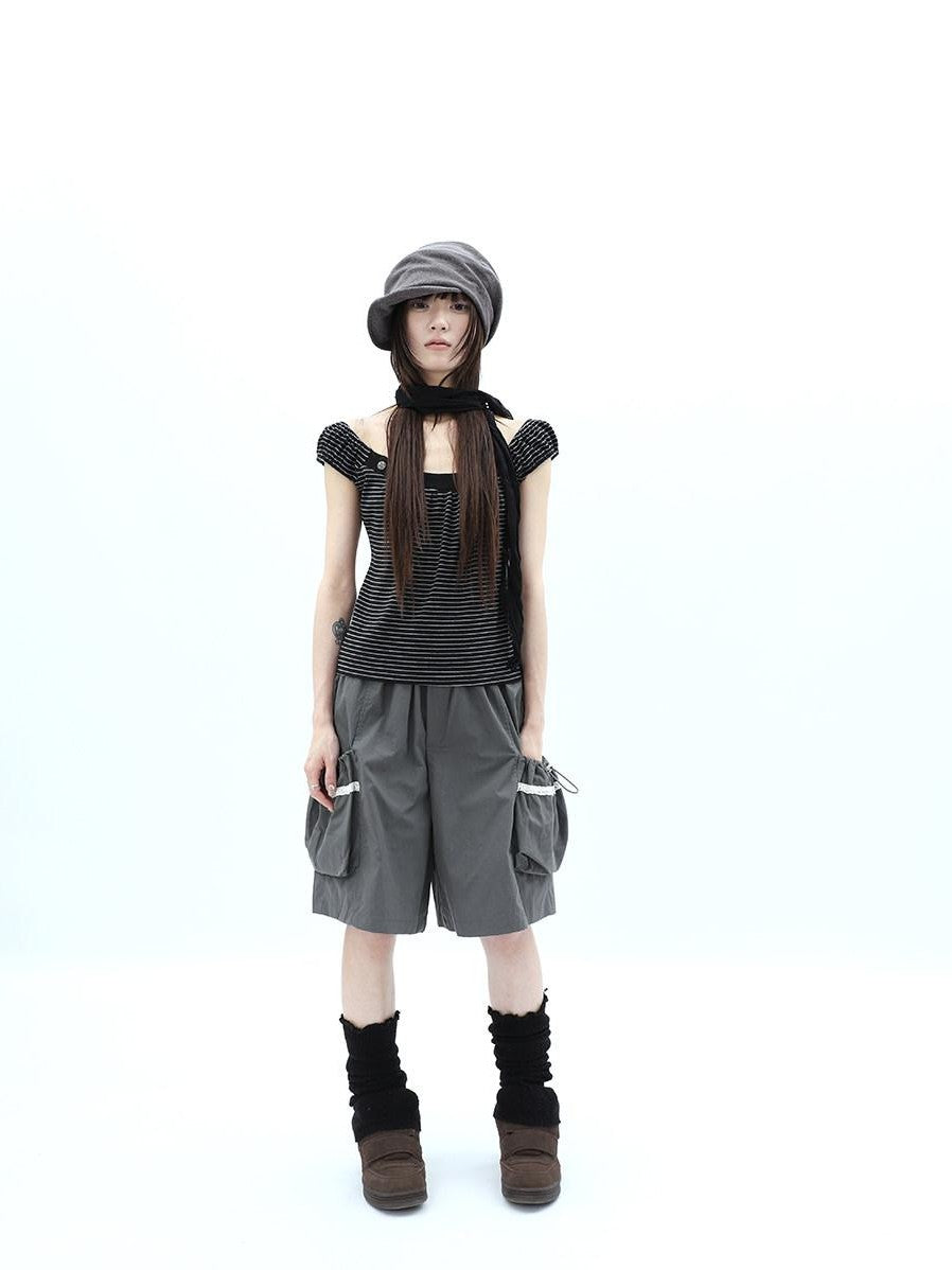 ang project Button Patchwork Striped Square Neck Women&