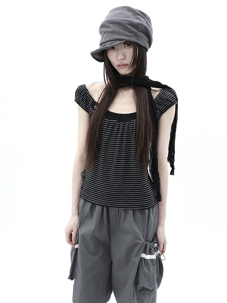 ang project Button Patchwork Striped Square Neck Women&