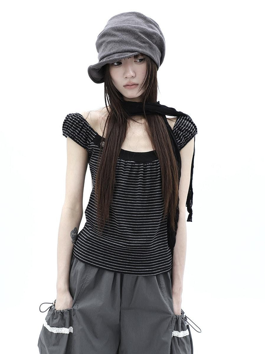 ang project Button Patchwork Striped Square Neck Women&