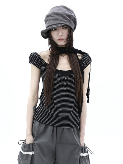 ang project Button Patchwork Striped Square Neck Women&