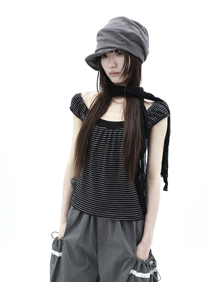 ang project Button Patchwork Striped Square Neck Women&