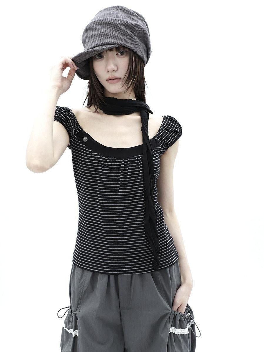 ang project Button Patchwork Striped Square Neck Women&