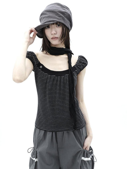 ang project Button Patchwork Striped Square Neck Women&