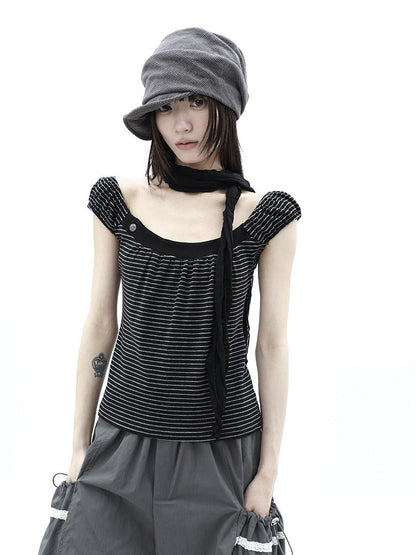 ang project Button Patchwork Striped Square Neck Women&