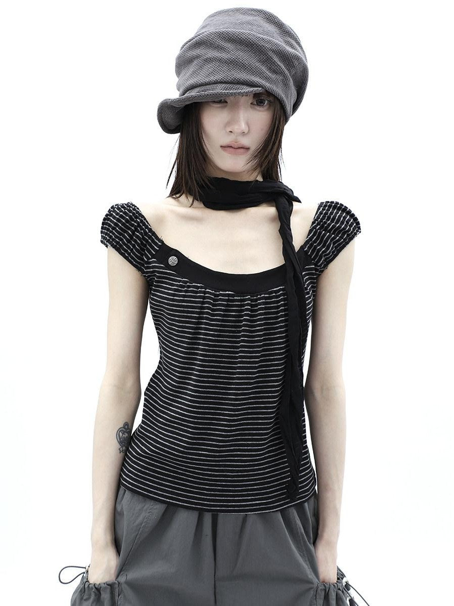 ang project Button Patchwork Striped Square Neck Women&