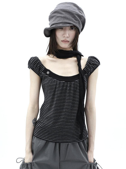 ang project Button Patchwork Striped Square Neck Women&
