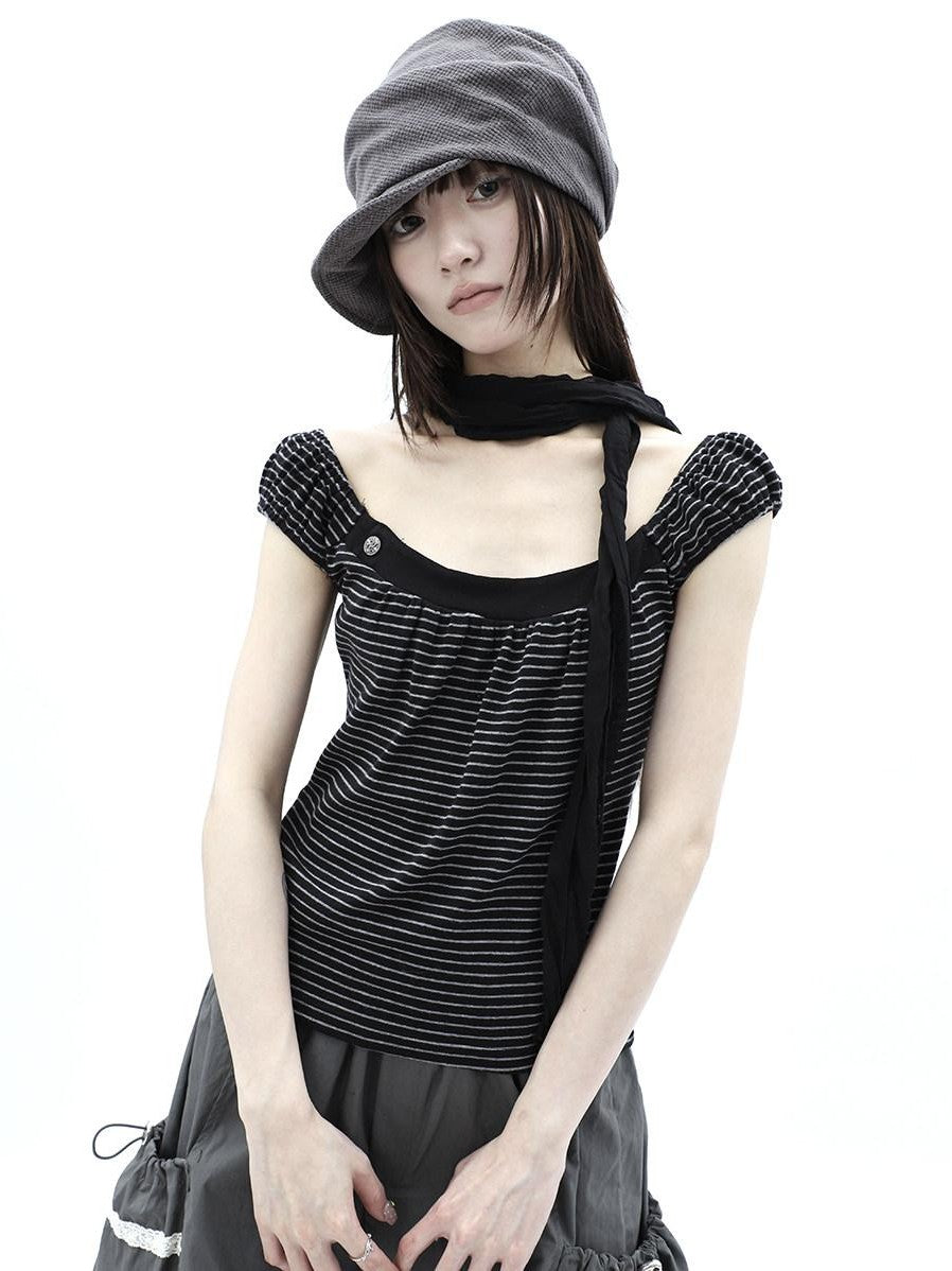 ang project Button Patchwork Striped Square Neck Women&