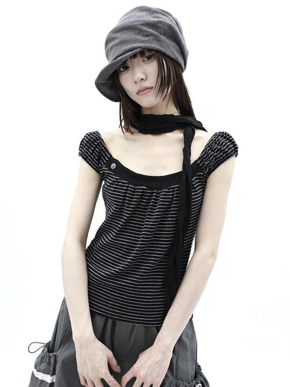 ang project Button Patchwork Striped Square Neck Women&