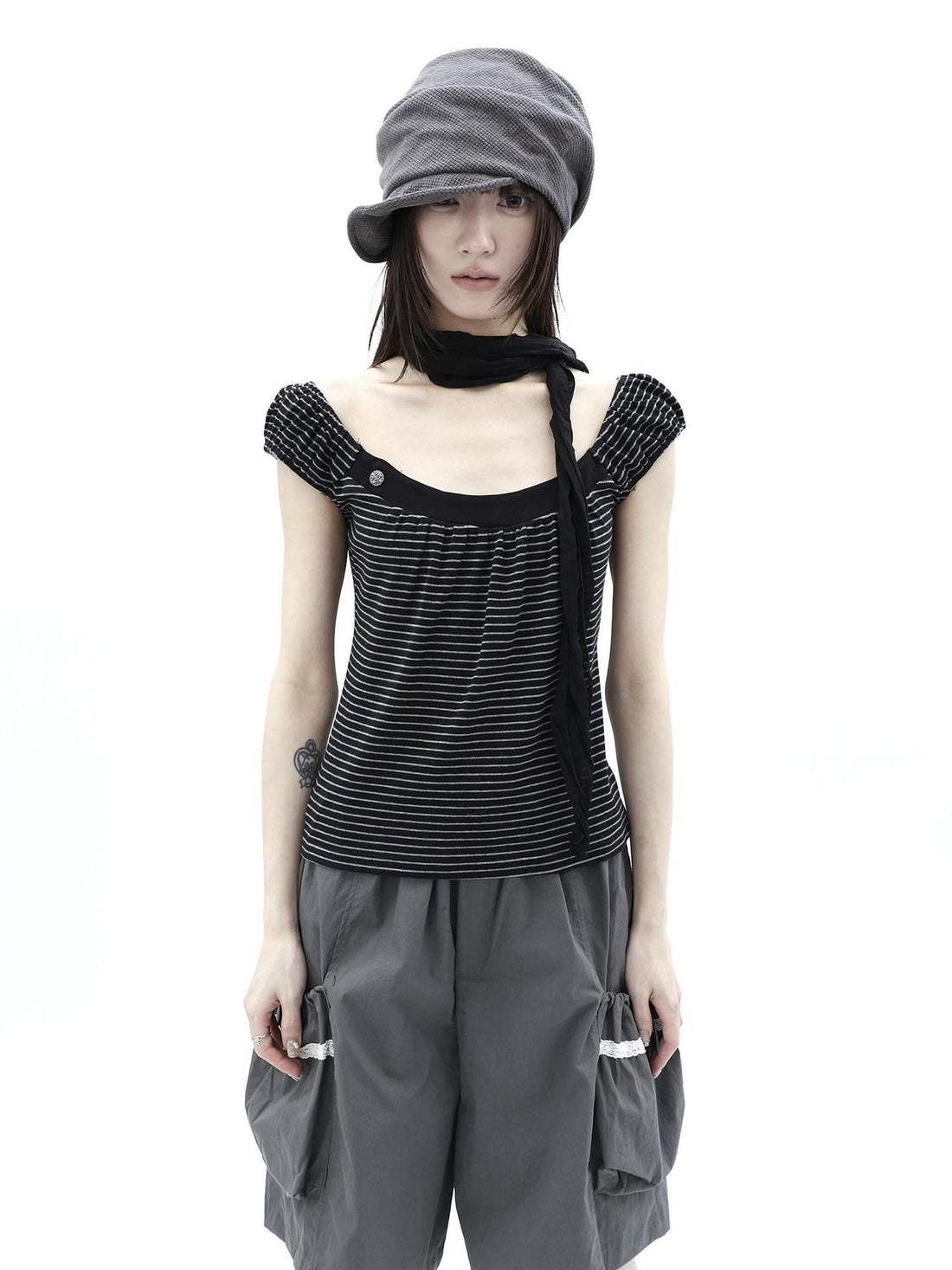 ang project Button Patchwork Striped Square Neck Women&
