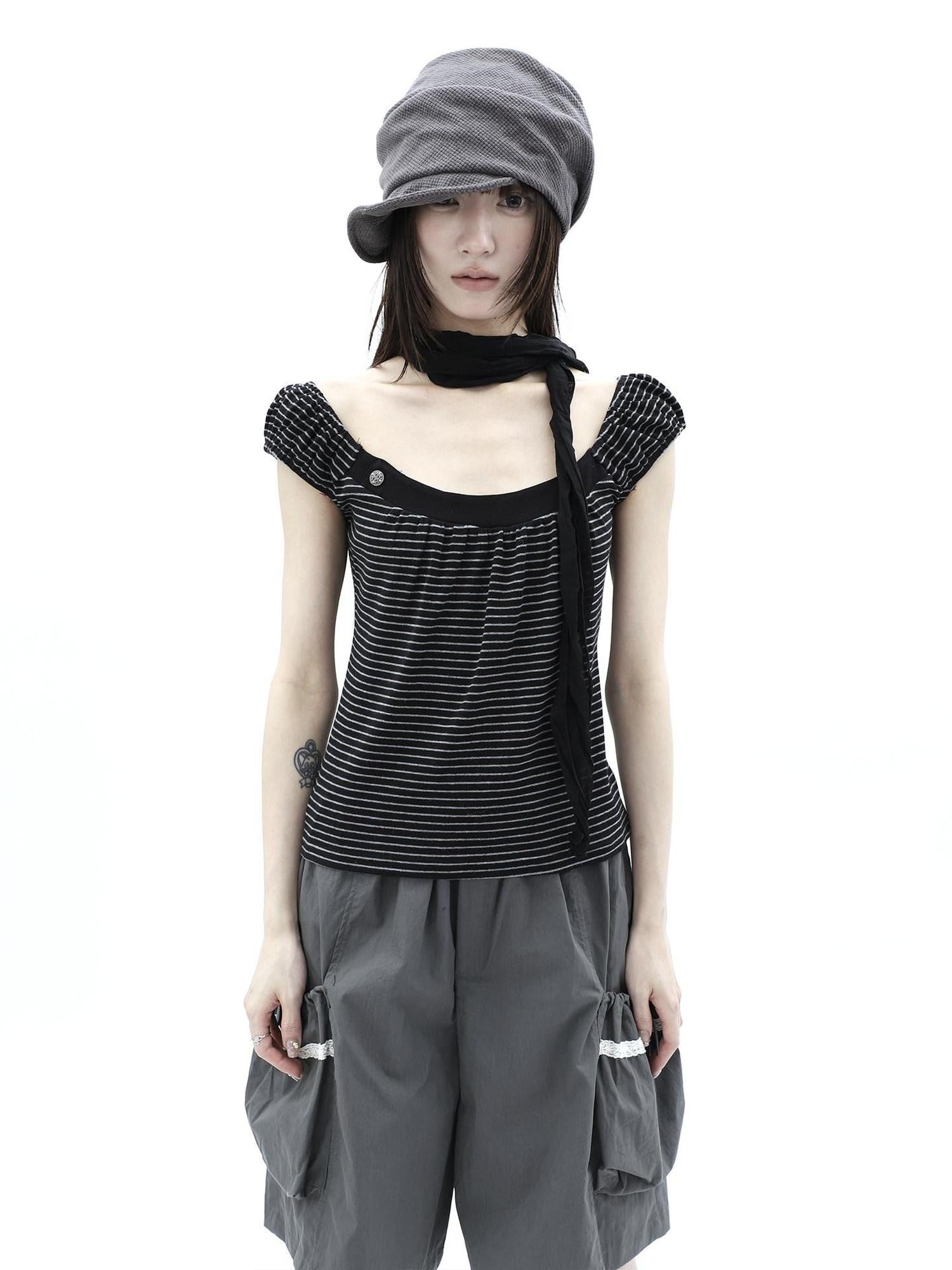 ang project Button Patchwork Striped Square Neck Women&