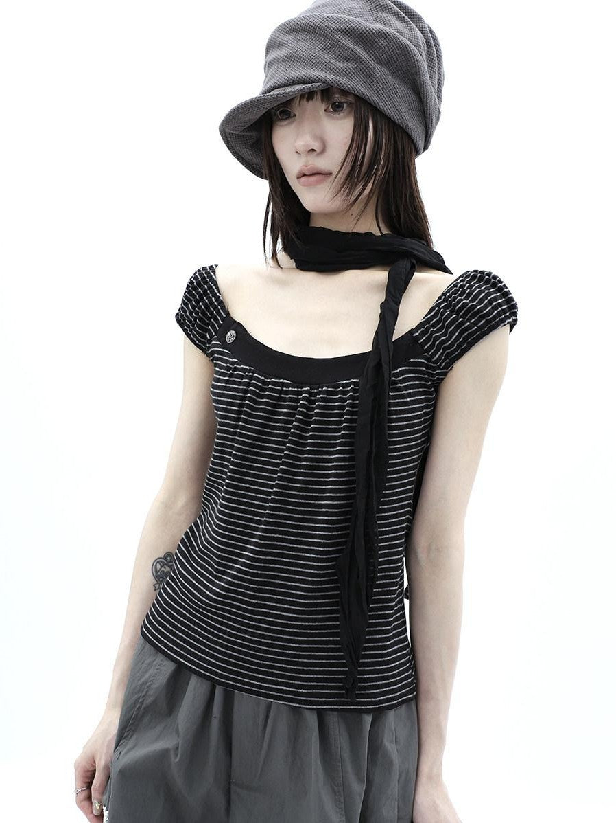 ang project Button Patchwork Striped Square Neck Women&