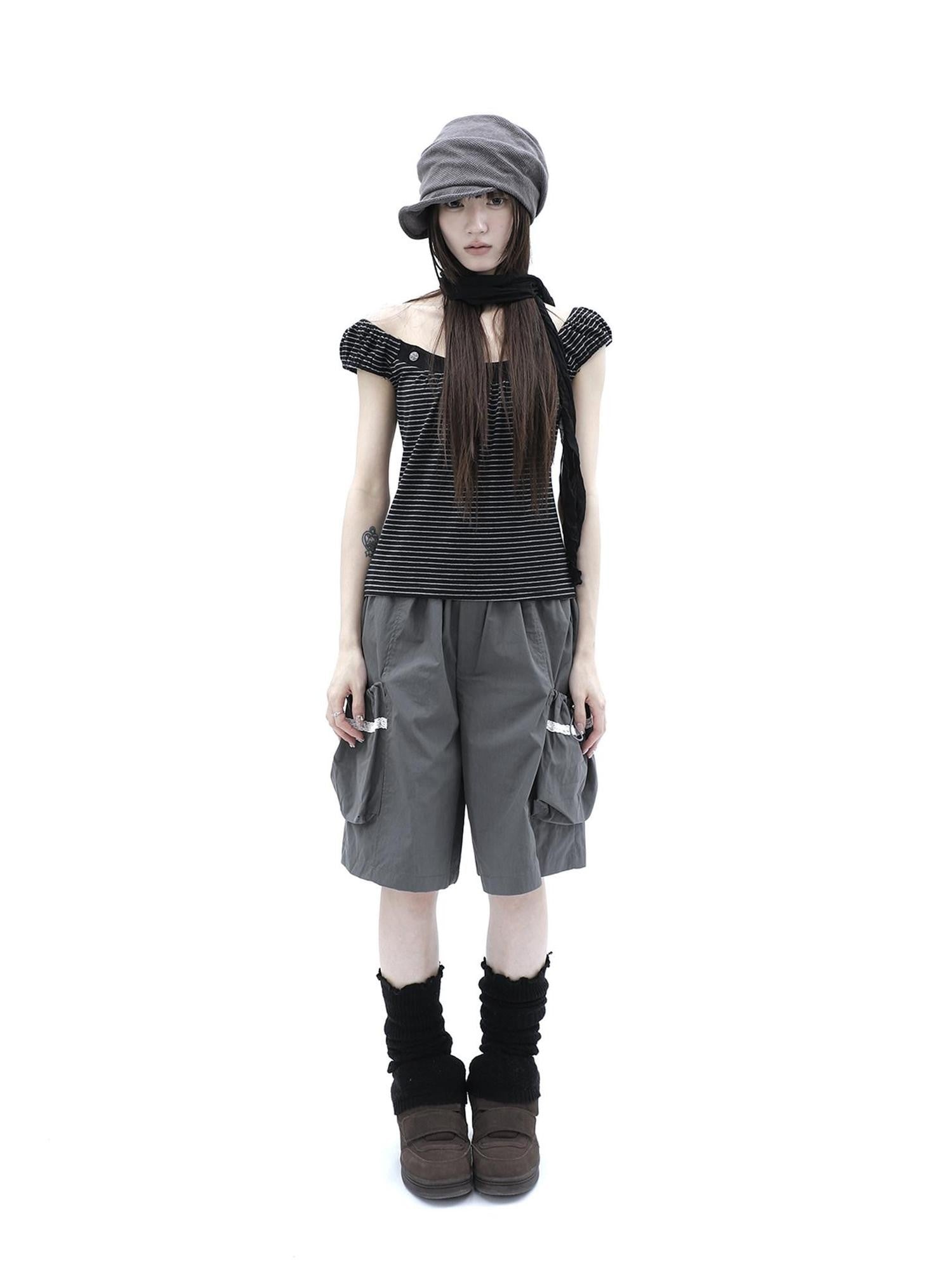 ang project Button Patchwork Striped Square Neck Women&
