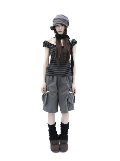 ang project Button Patchwork Striped Square Neck Women&