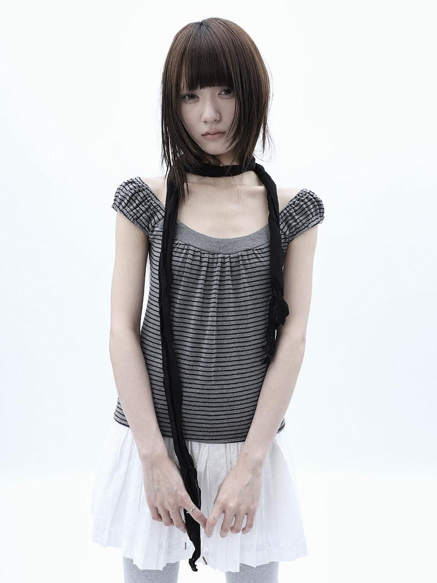 ang project Button Patchwork Striped Square Neck Women&