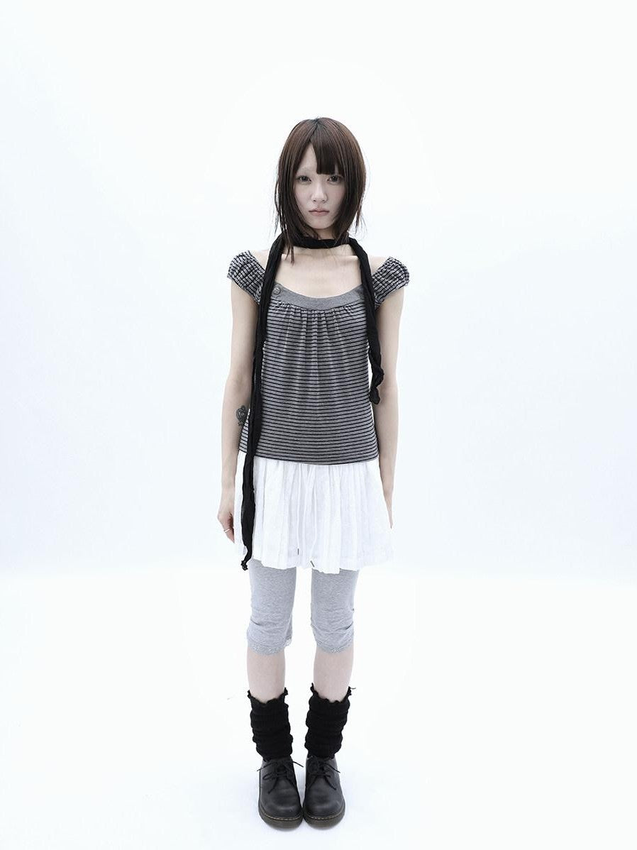 ang project Button Patchwork Striped Square Neck Women&