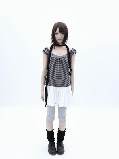 ang project Button Patchwork Striped Square Neck Women&
