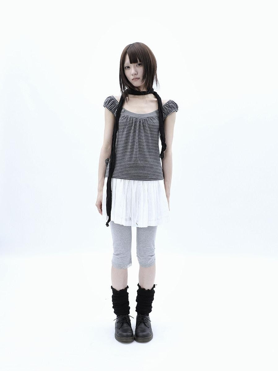 ang project Button Patchwork Striped Square Neck Women&
