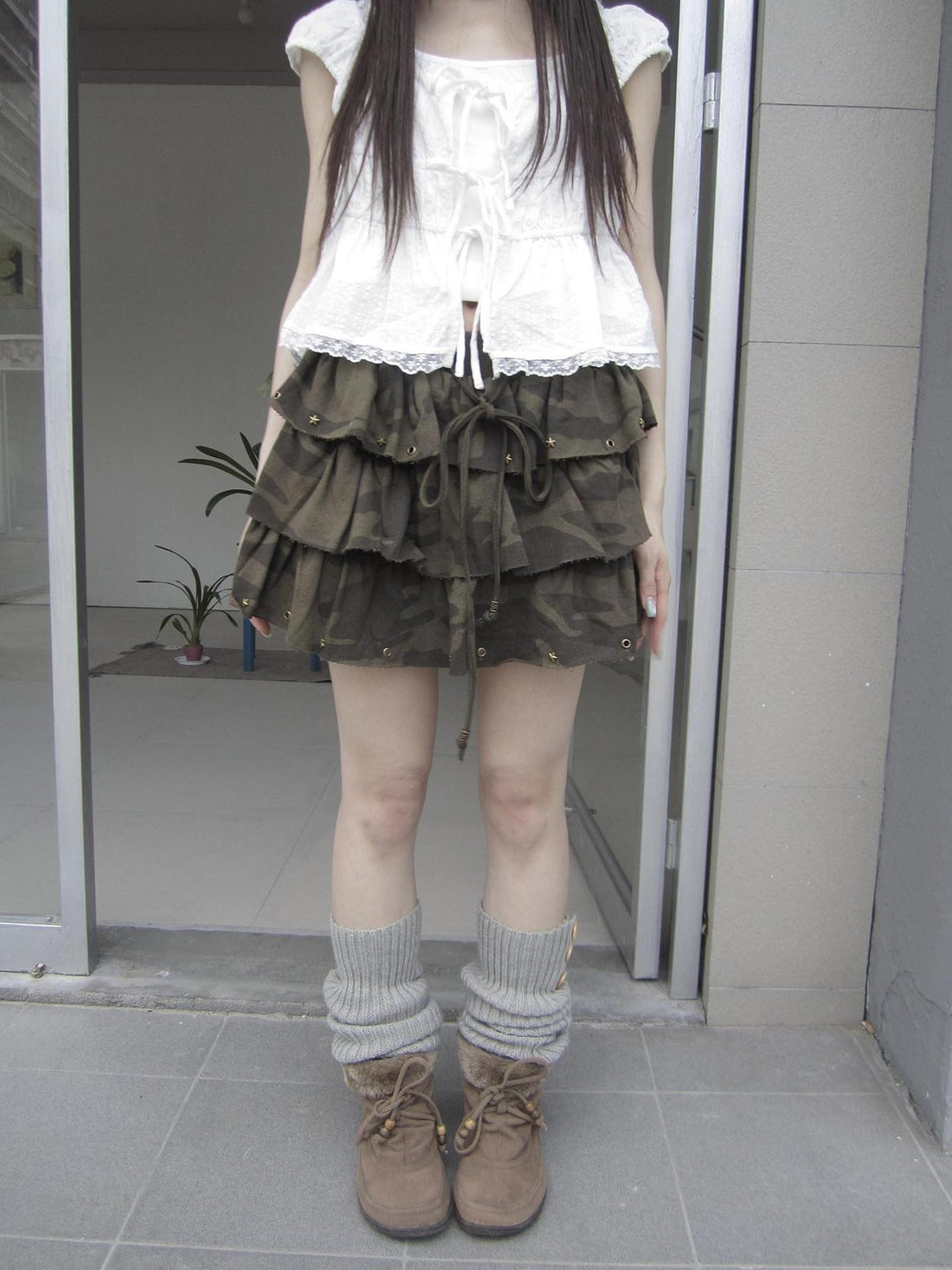 ang project Camo Star Rivet Beaded Frayed Elastic Waist Women&