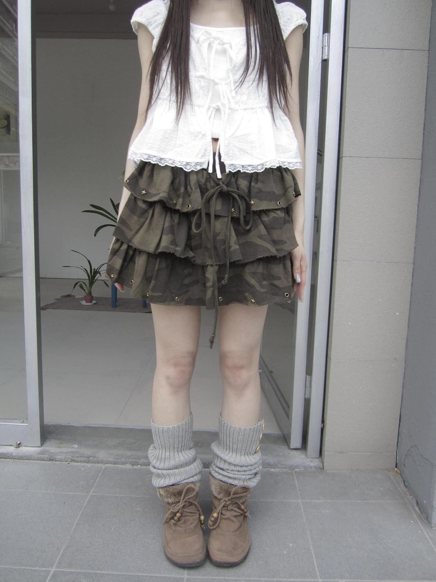 ang project Camo Star Rivet Beaded Frayed Elastic Waist Women&
