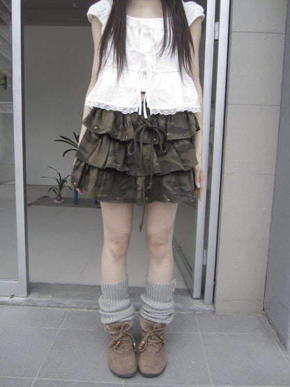 ang project Camo Star Rivet Beaded Frayed Elastic Waist Women&