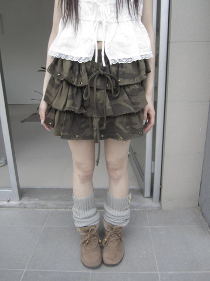 ang project Camo Star Rivet Beaded Frayed Elastic Waist Women&