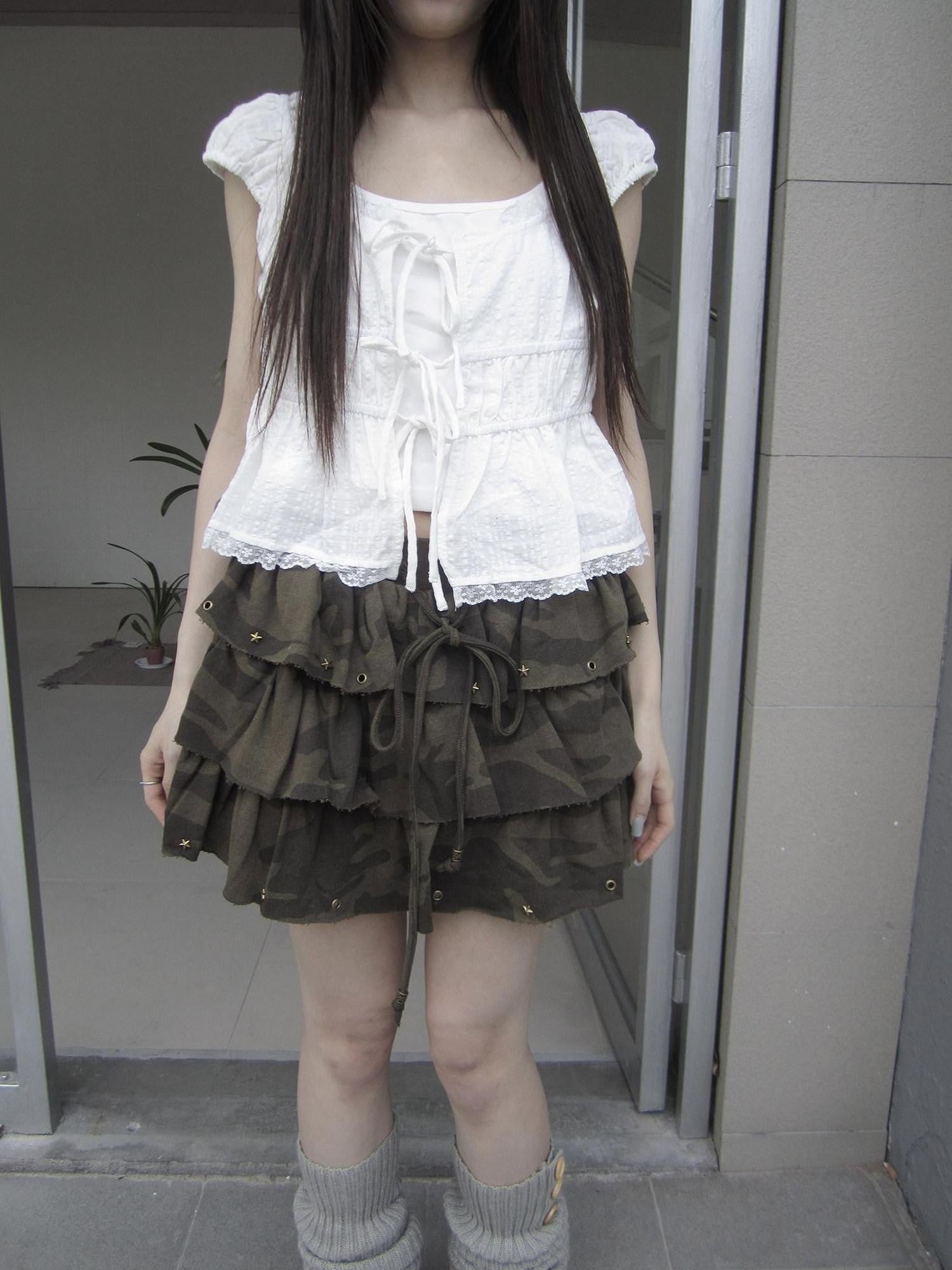 ang project Camo Star Rivet Beaded Frayed Elastic Waist Women&