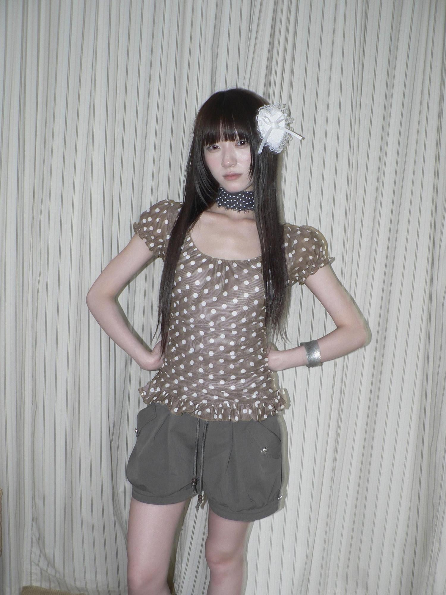 ang project Coffee Brown Double Layer Polka Dot Spliced Hem Puff Sleeve Women&