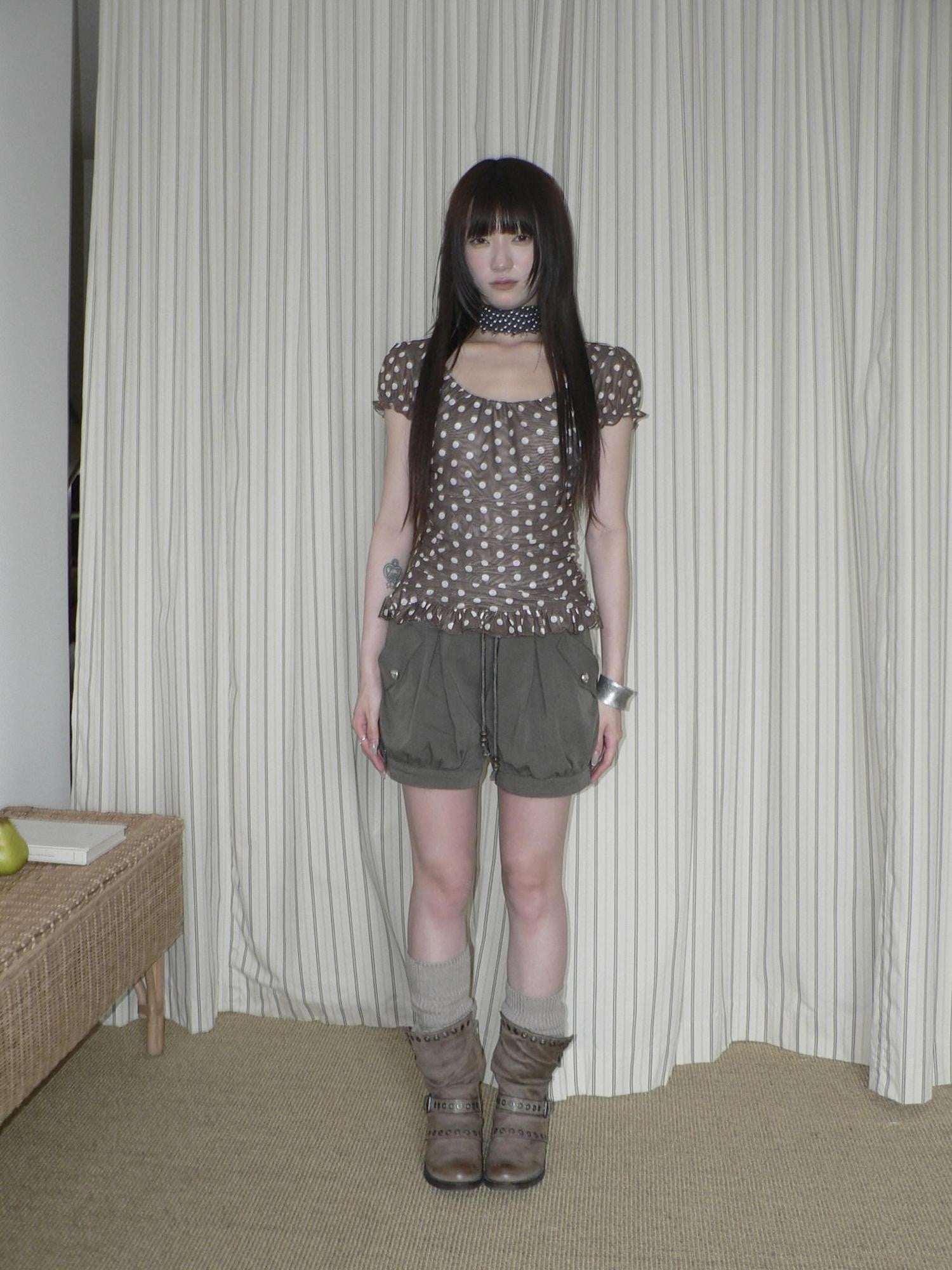 ang project Coffee Brown Double Layer Polka Dot Spliced Hem Puff Sleeve Women&