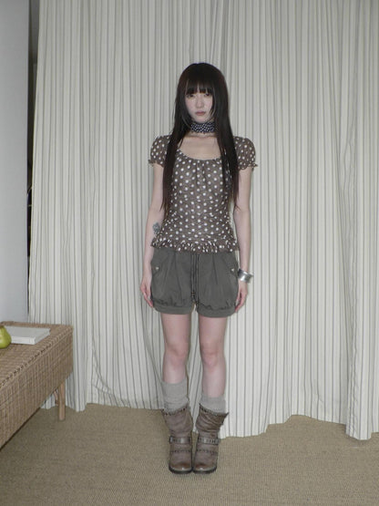 ang project Coffee Brown Double Layer Polka Dot Spliced Hem Puff Sleeve Women&