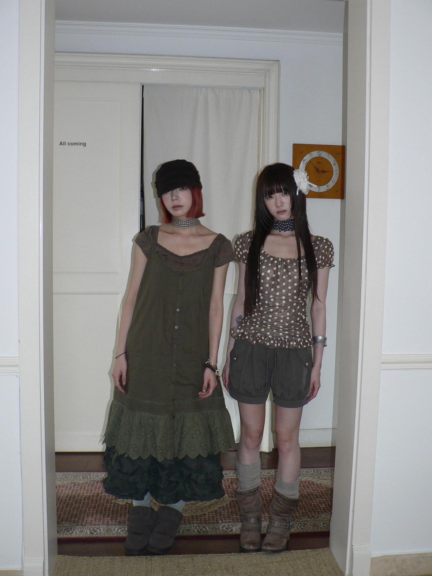 ang project Coffee Brown Double Layer Polka Dot Spliced Hem Puff Sleeve Women&