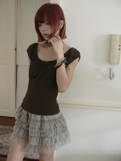 ang project Coffee Textured Convertible Off Shoulder Slim Fit Elastic Short Women&