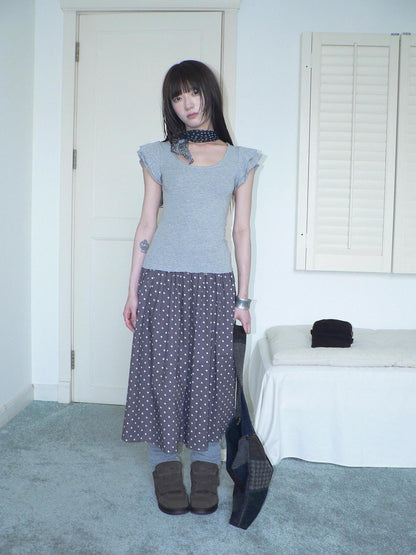 ang project Colorblock Polka Dot Printed A Line Mid Length Elastic Waist Women&