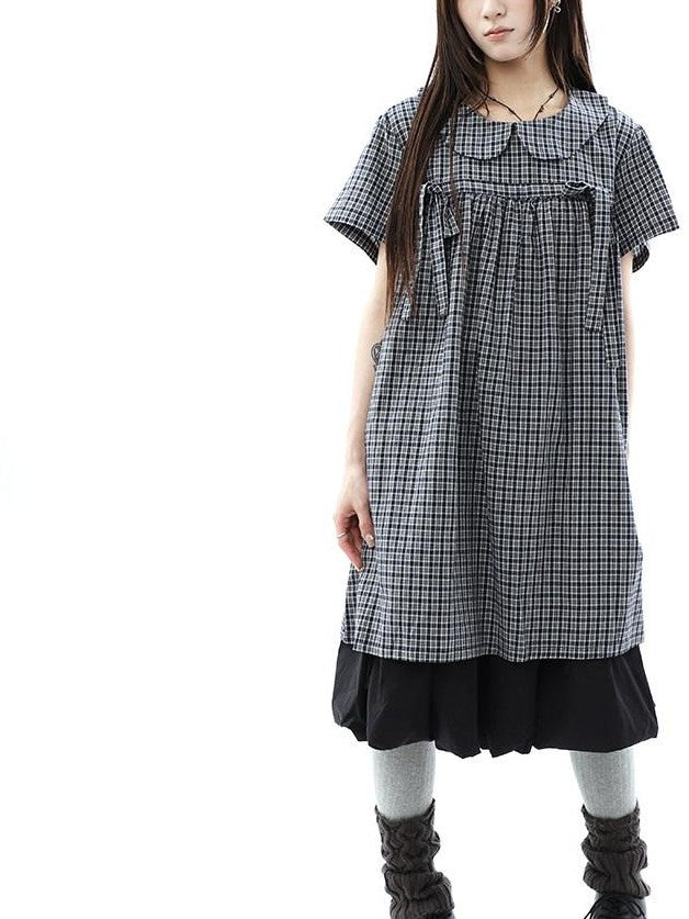 ang project Contrast Plaid Bow Doll Collar Shirt Women&