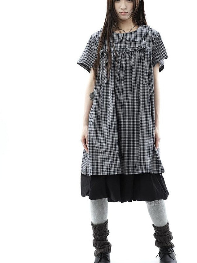 ang project Contrast Plaid Bow Doll Collar Shirt Women&