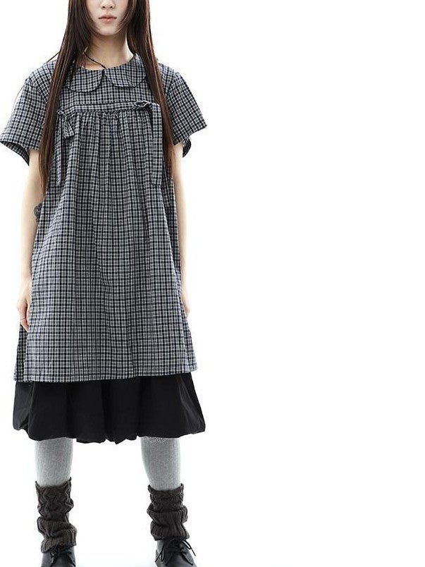 ang project Contrast Plaid Bow Doll Collar Shirt Women&